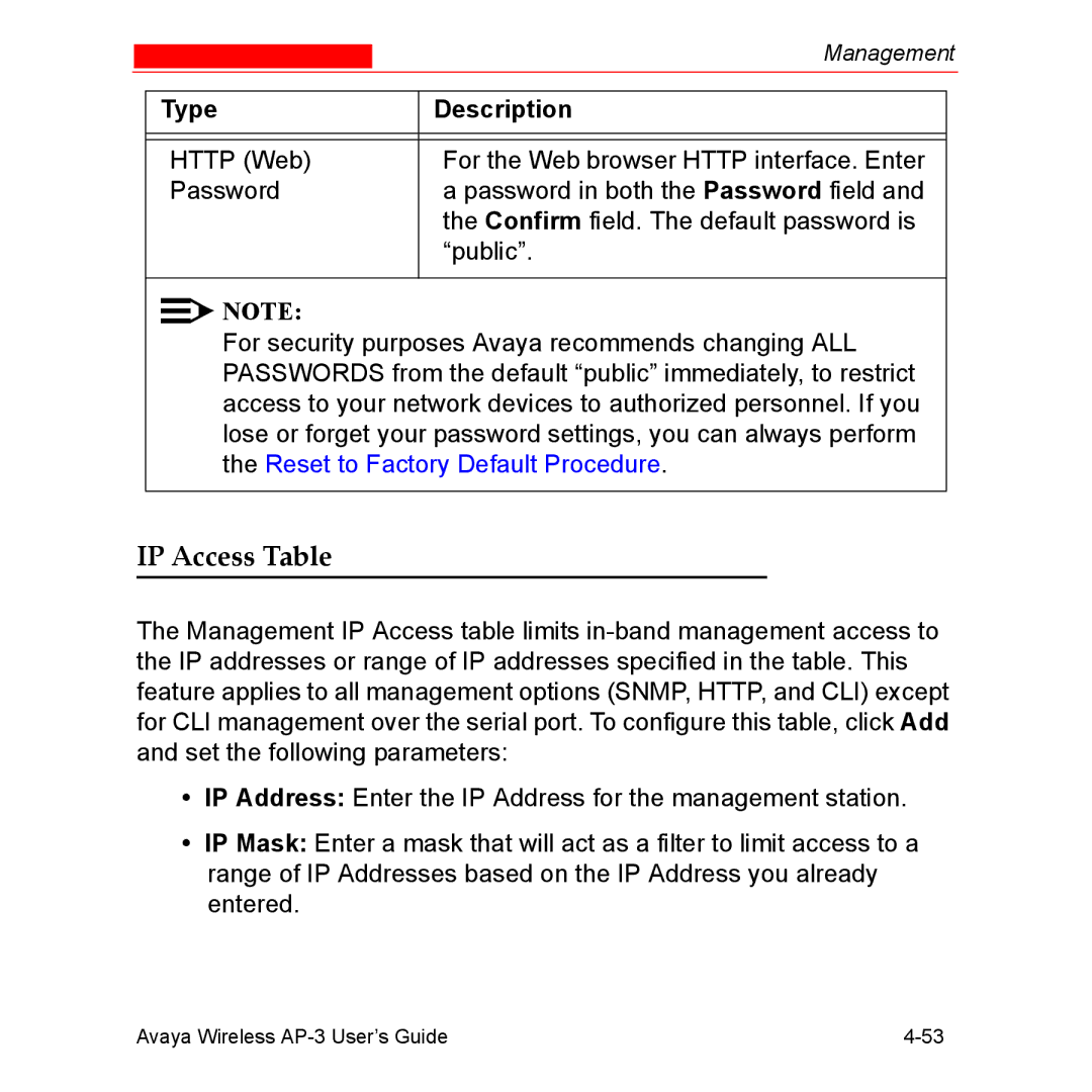 Avaya Wireless AP-3 manual IP Access Table 