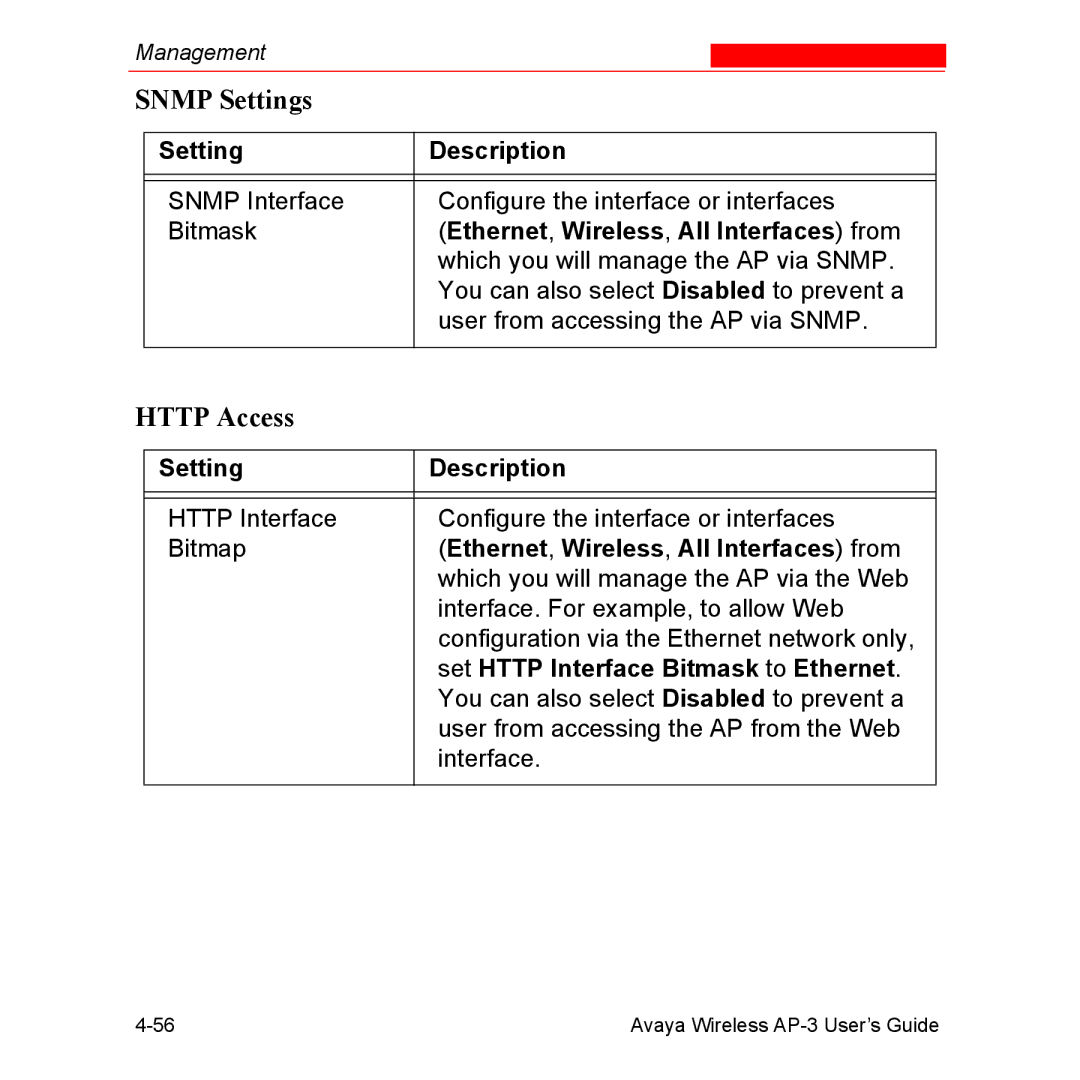 Avaya Wireless AP-3 manual Snmp Settings, Http Access, Setting Description, Ethernet , Wireless , All Interfaces from 