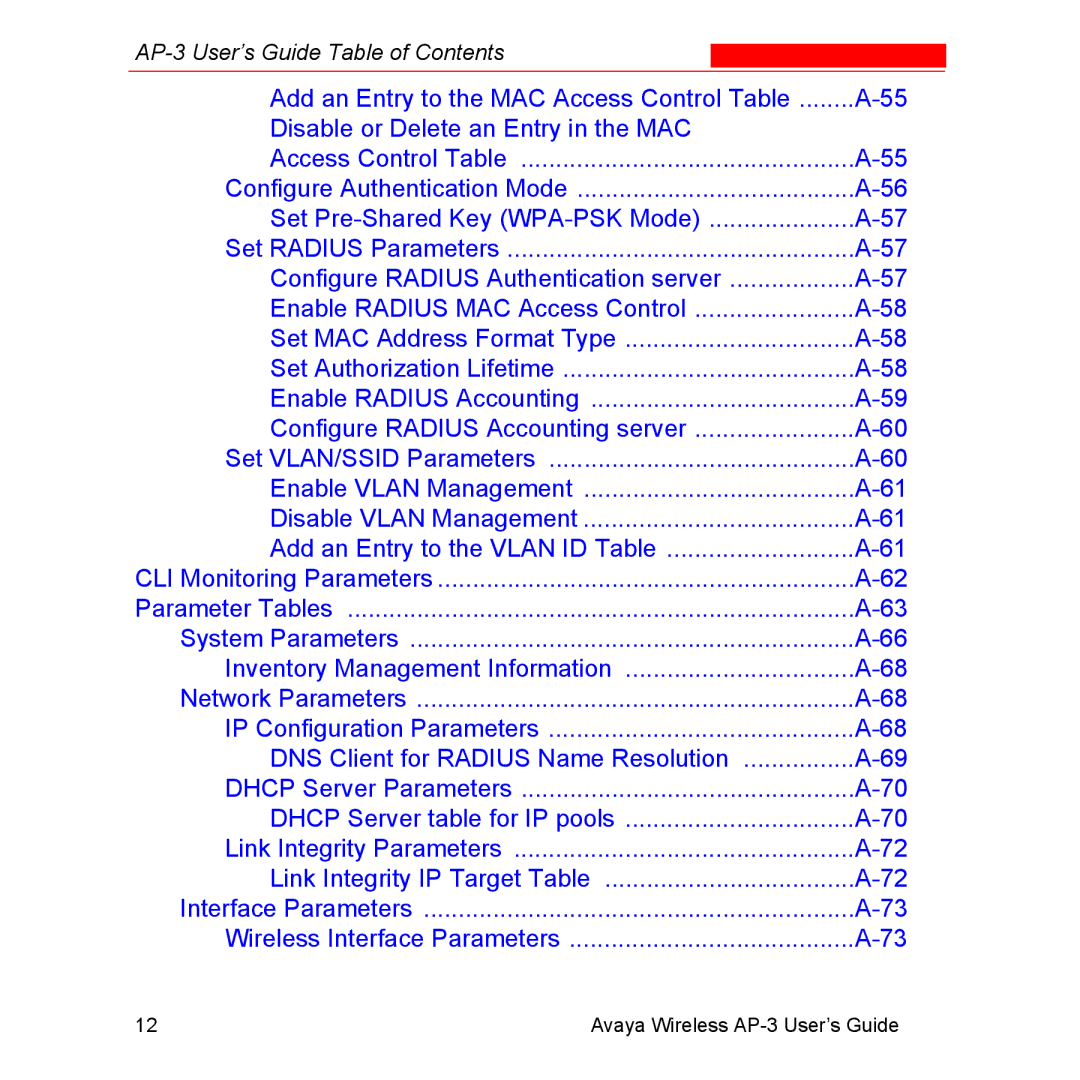 Avaya Wireless AP-3 manual CLI Monitoring Parameters Parameter Tables 