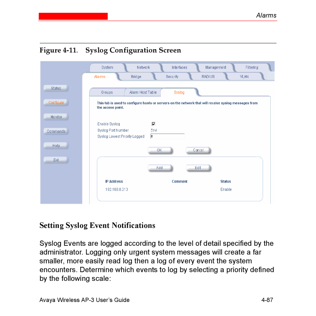 Avaya Wireless AP-3 manual Setting Syslog Event Notifications, Syslog Configuration Screen 