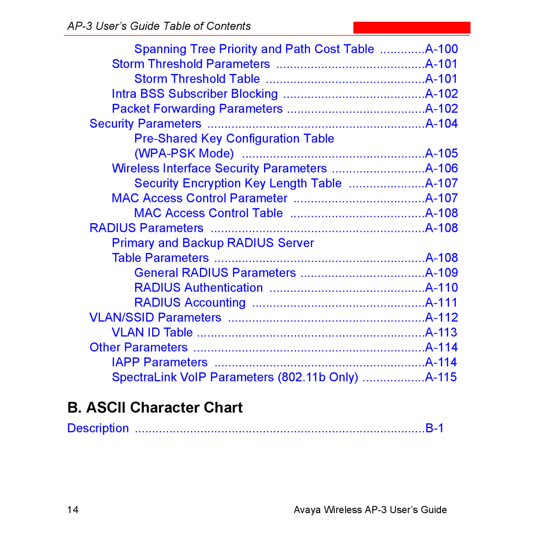 Avaya Wireless AP-3 manual Ascii Character Chart 