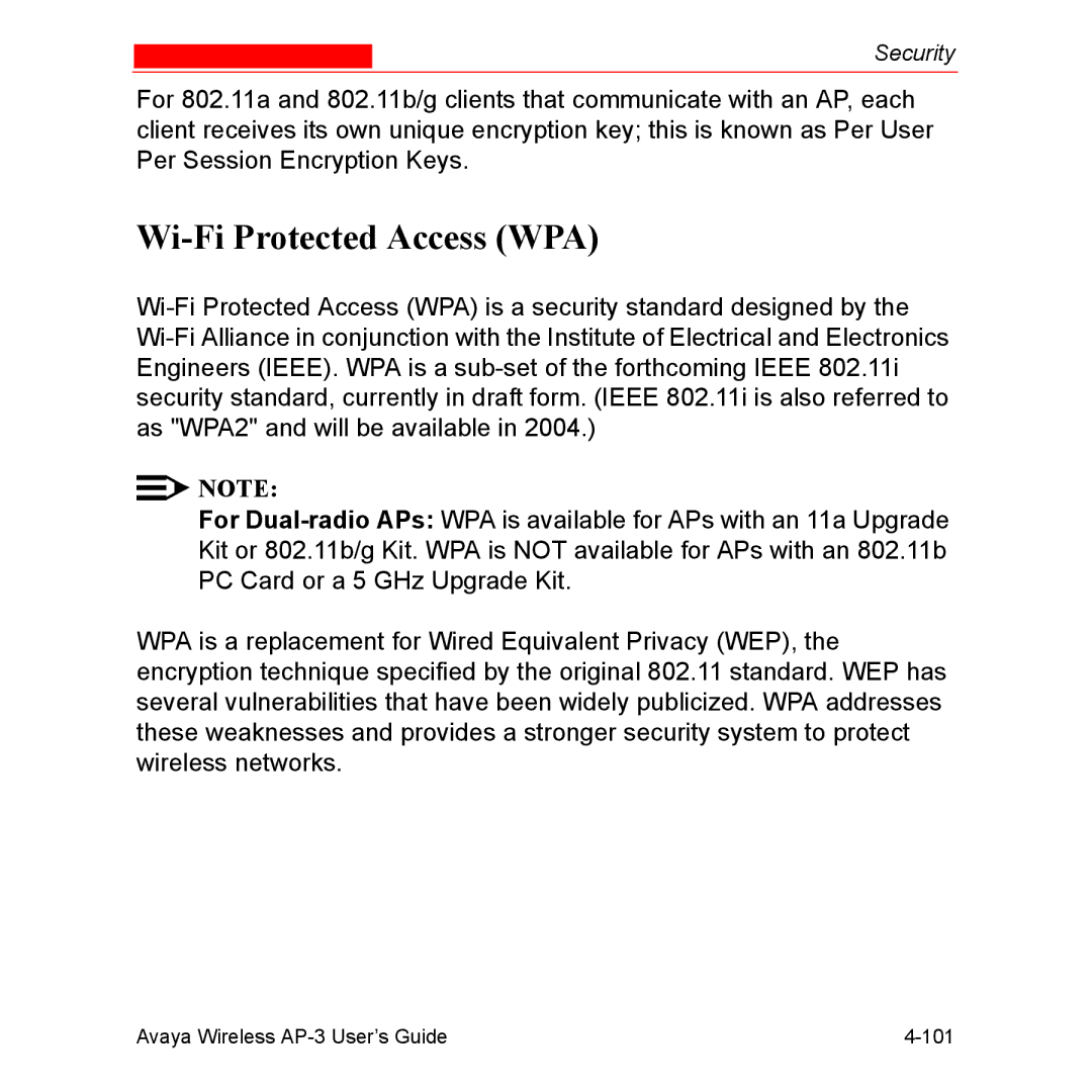 Avaya Wireless AP-3 manual Wi-Fi Protected Access WPA 