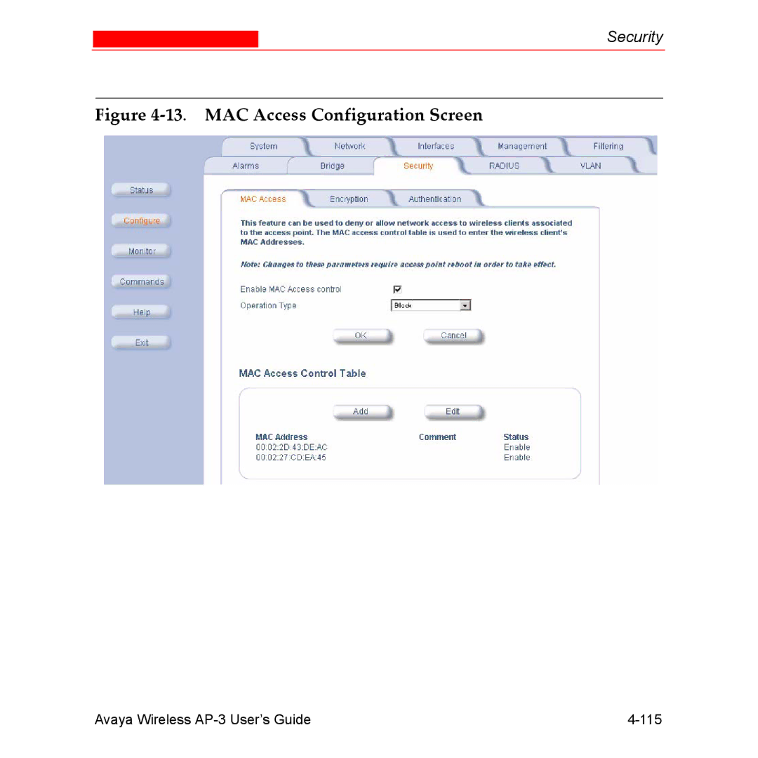 Avaya Wireless AP-3 manual MAC Access Configuration Screen 