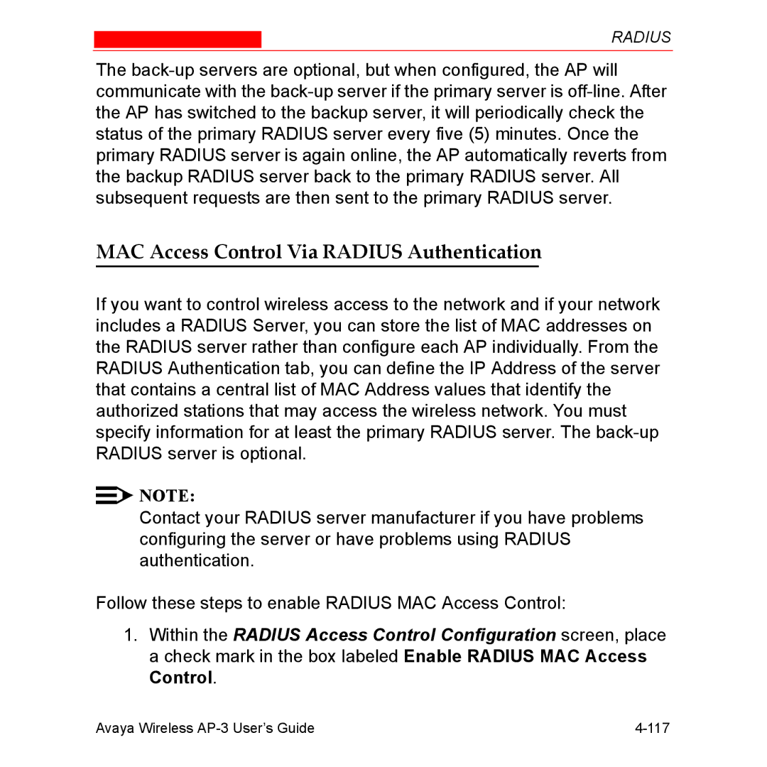 Avaya Wireless AP-3 manual MAC Access Control Via Radius Authentication 