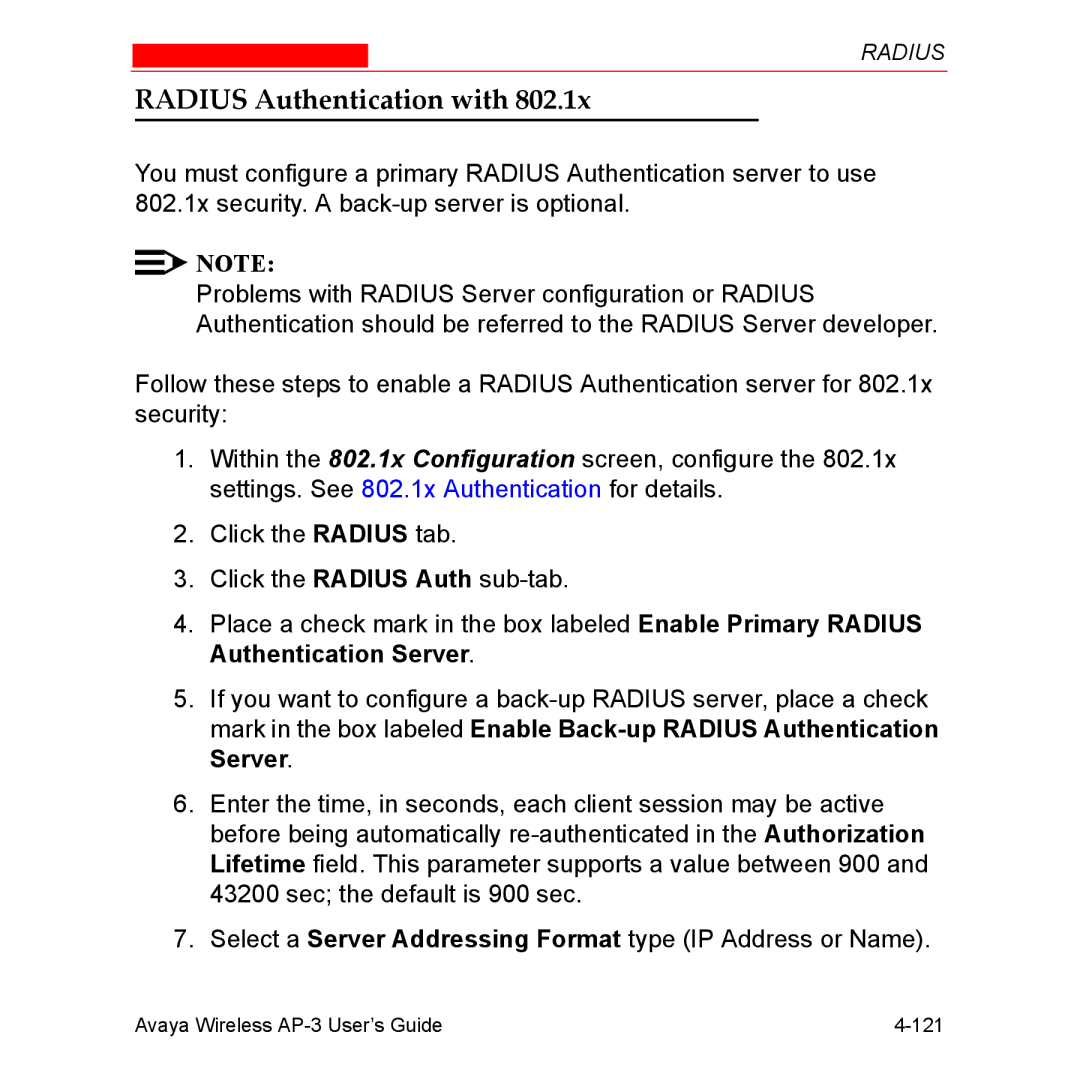 Avaya Wireless AP-3 manual Radius Authentication with 