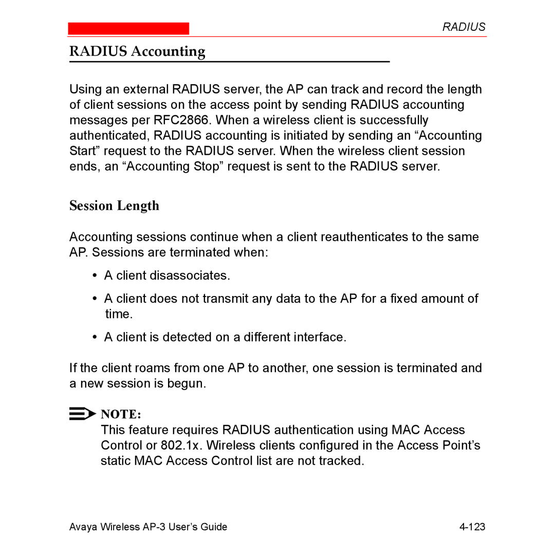 Avaya Wireless AP-3 manual Radius Accounting, Session Length 