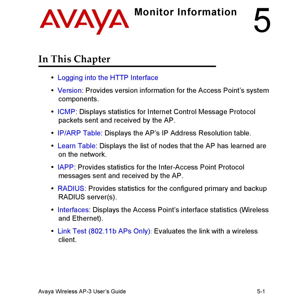 Avaya Wireless AP-3 manual Monitor Information 