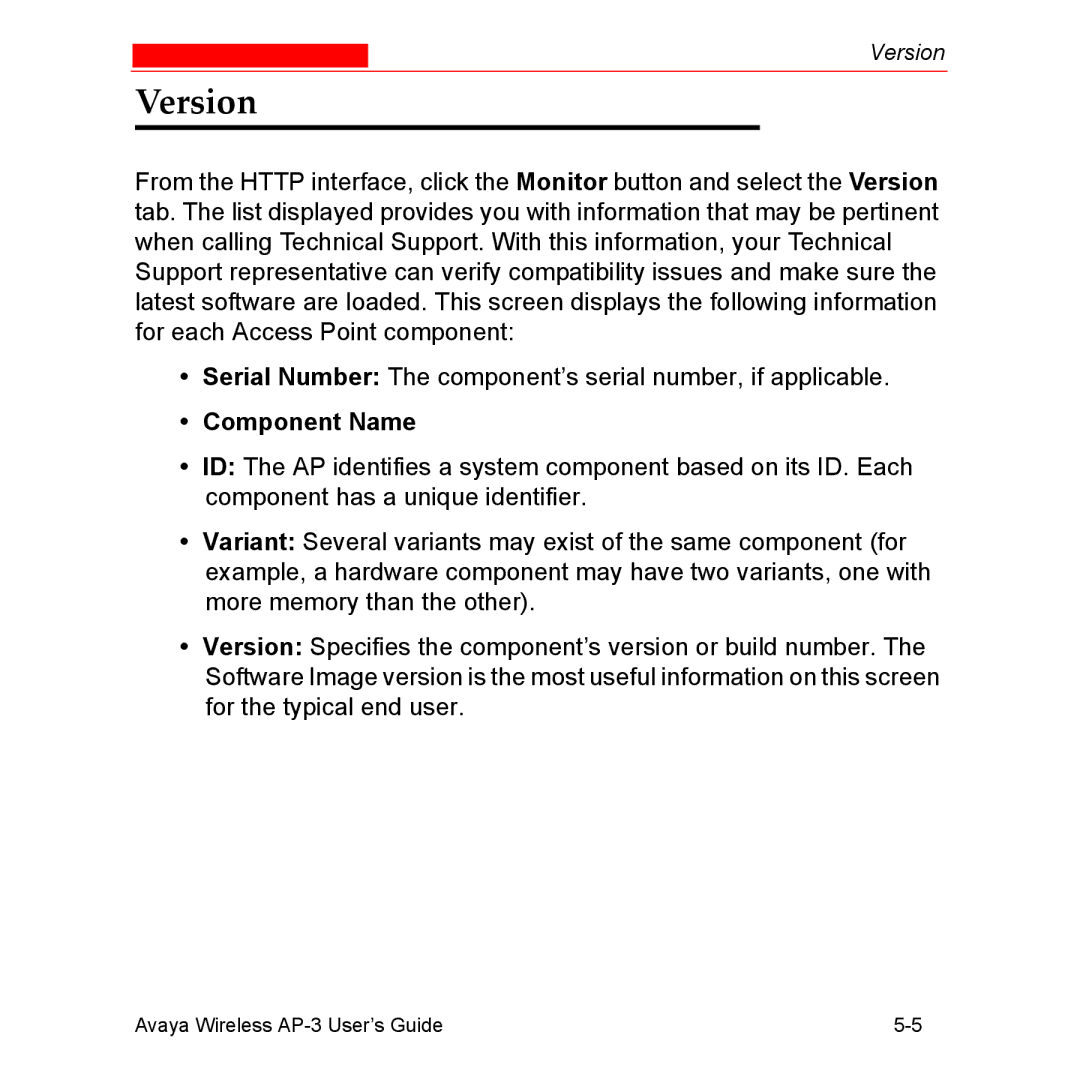 Avaya Wireless AP-3 manual Version, Component Name 