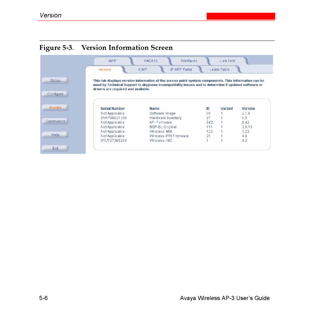 Avaya Wireless AP-3 manual Version Information Screen 