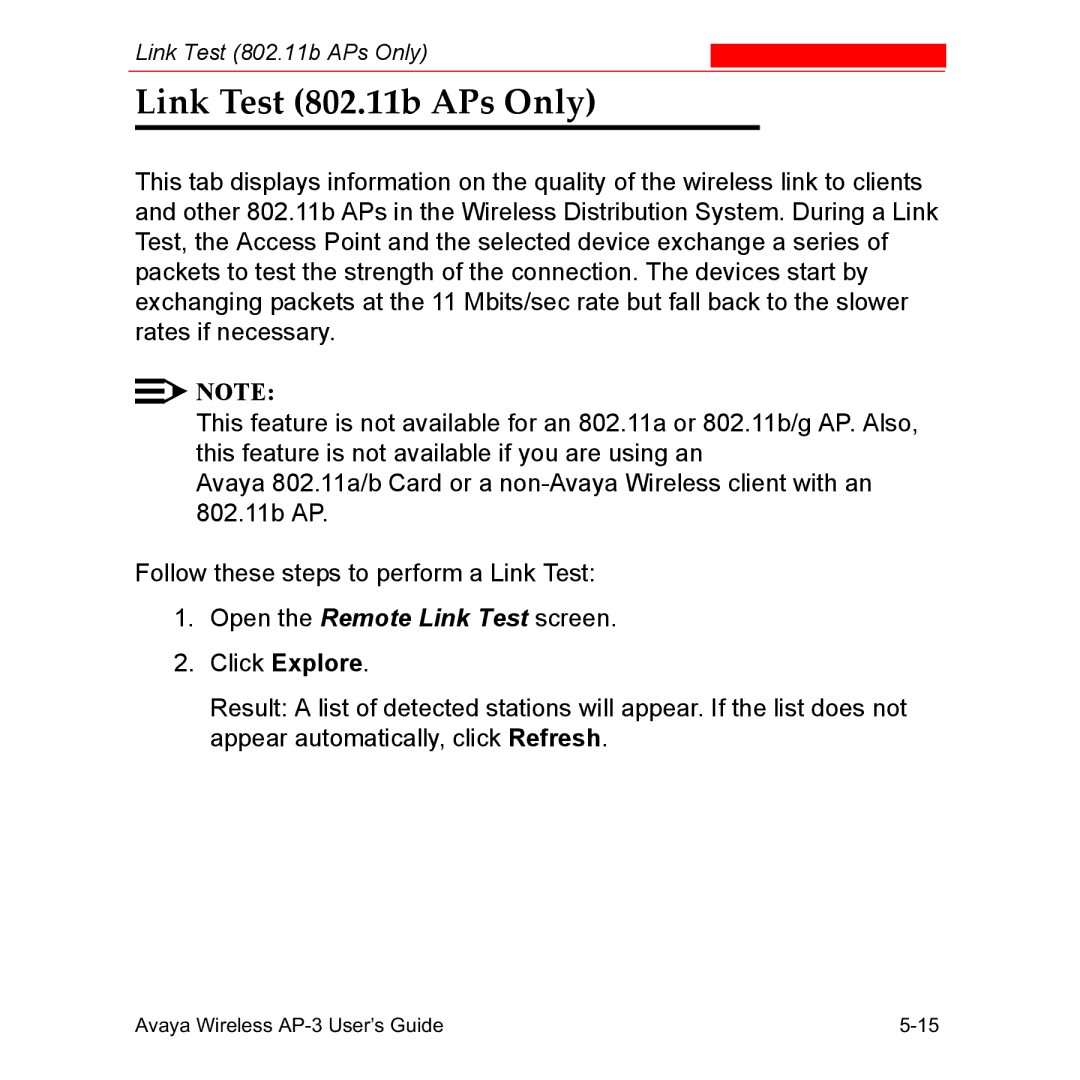 Avaya Wireless AP-3 manual Link Test 802.11b APs Only, Open the Remote Link Test screen 