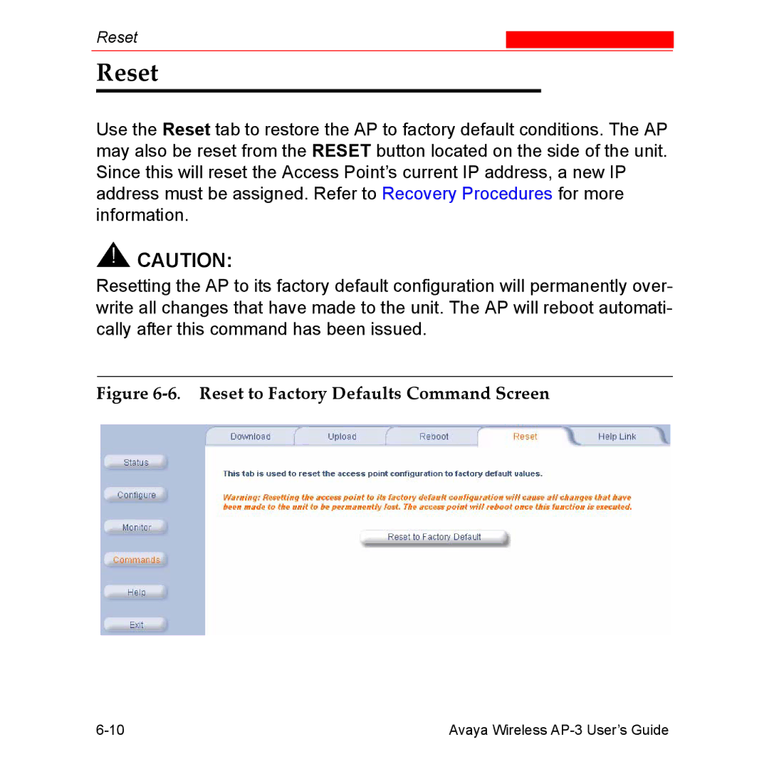 Avaya Wireless AP-3 manual Reset to Factory Defaults Command Screen 