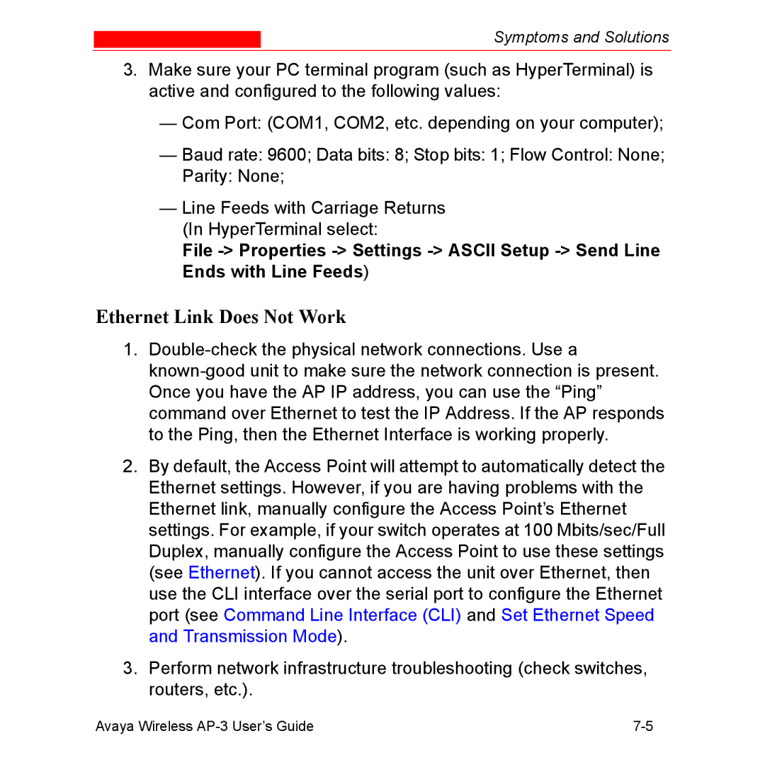 Avaya Wireless AP-3 manual Ethernet Link Does Not Work 