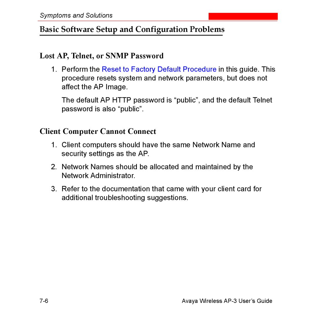 Avaya Wireless AP-3 manual Basic Software Setup and Configuration Problems, Lost AP, Telnet, or Snmp Password 