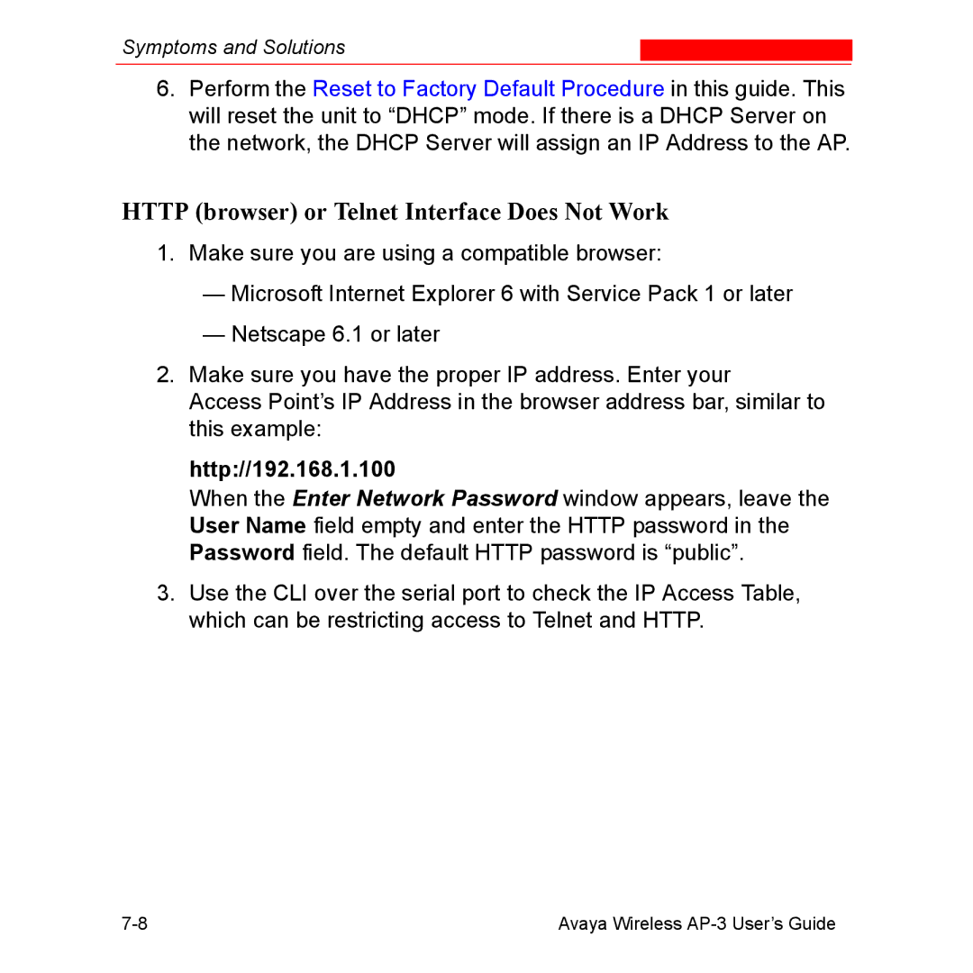 Avaya Wireless AP-3 manual Http browser or Telnet Interface Does Not Work, Http//192.168.1.100 