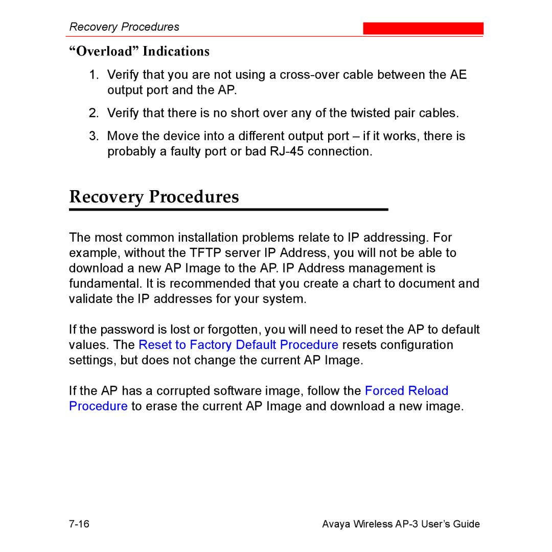 Avaya Wireless AP-3 manual Recovery Procedures, Overload Indications 