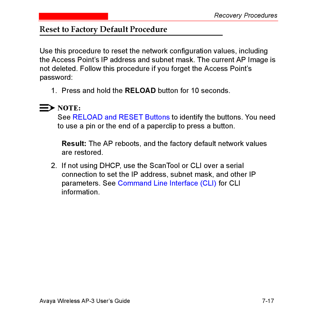 Avaya Wireless AP-3 manual Reset to Factory Default Procedure 