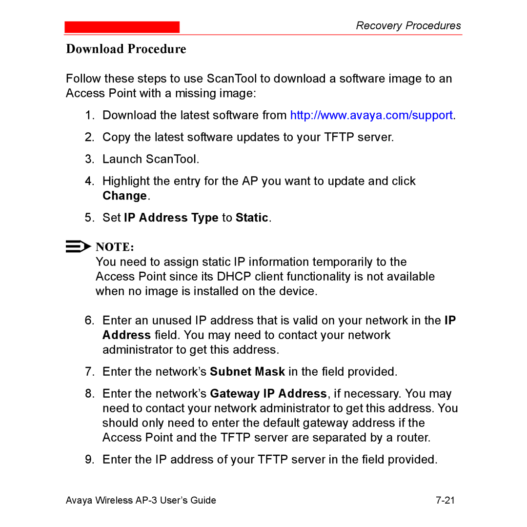 Avaya Wireless AP-3 manual Download Procedure, Set IP Address Type to Static 