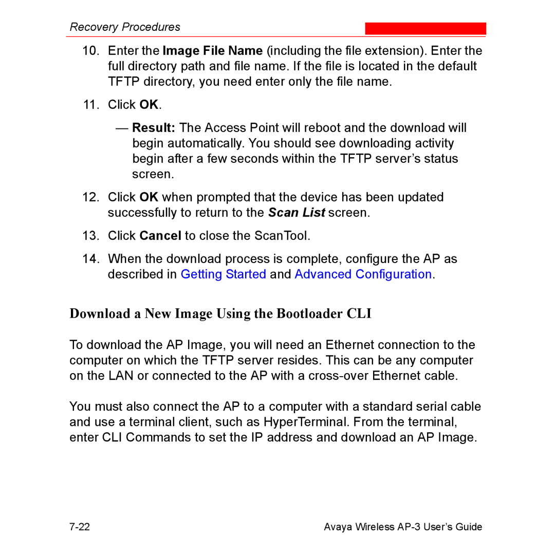 Avaya Wireless AP-3 manual Download a New Image Using the Bootloader CLI 