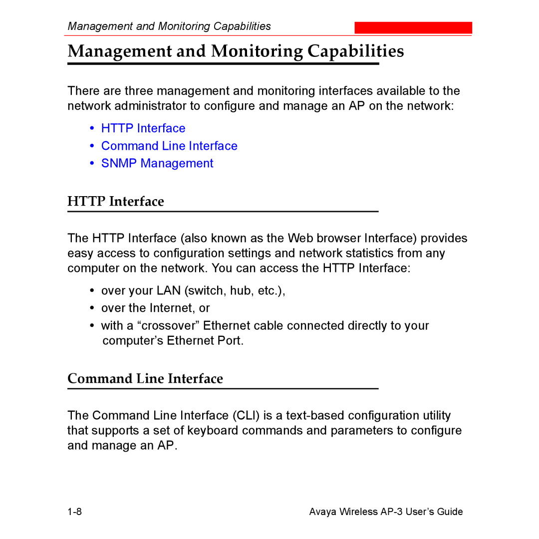 Avaya Wireless AP-3 manual Management and Monitoring Capabilities, Http Interface, Command Line Interface 