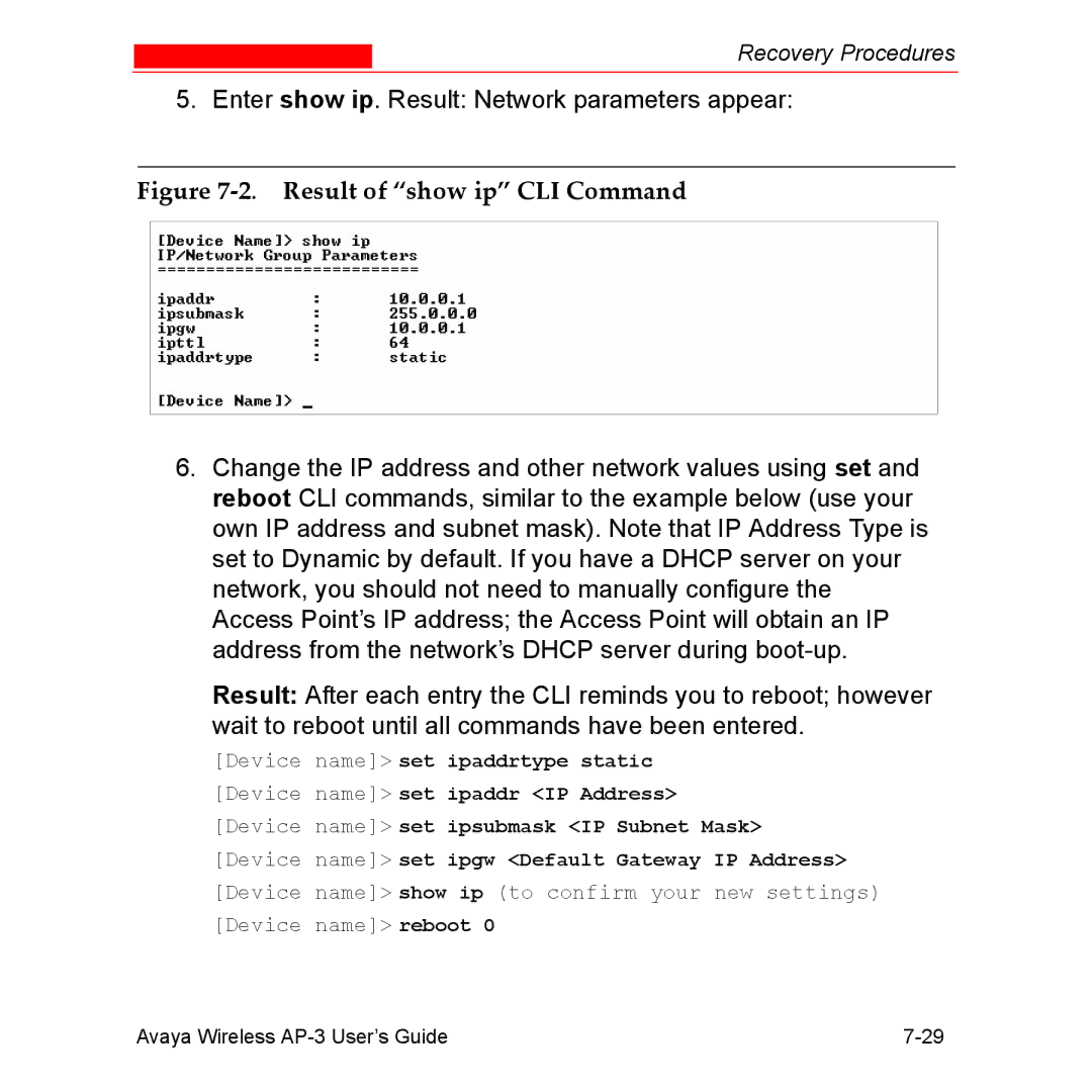 Avaya Wireless AP-3 manual Result of show ip CLI Command 