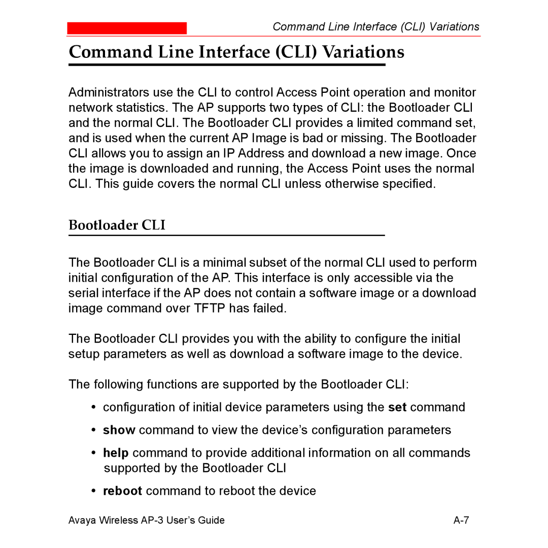 Avaya Wireless AP-3 manual Command Line Interface CLI Variations, Bootloader CLI 