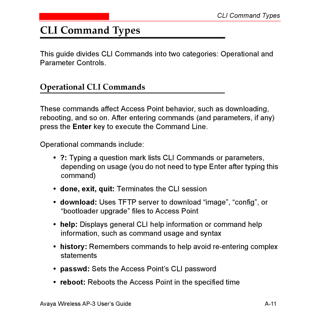 Avaya Wireless AP-3 manual CLI Command Types, Operational CLI Commands 