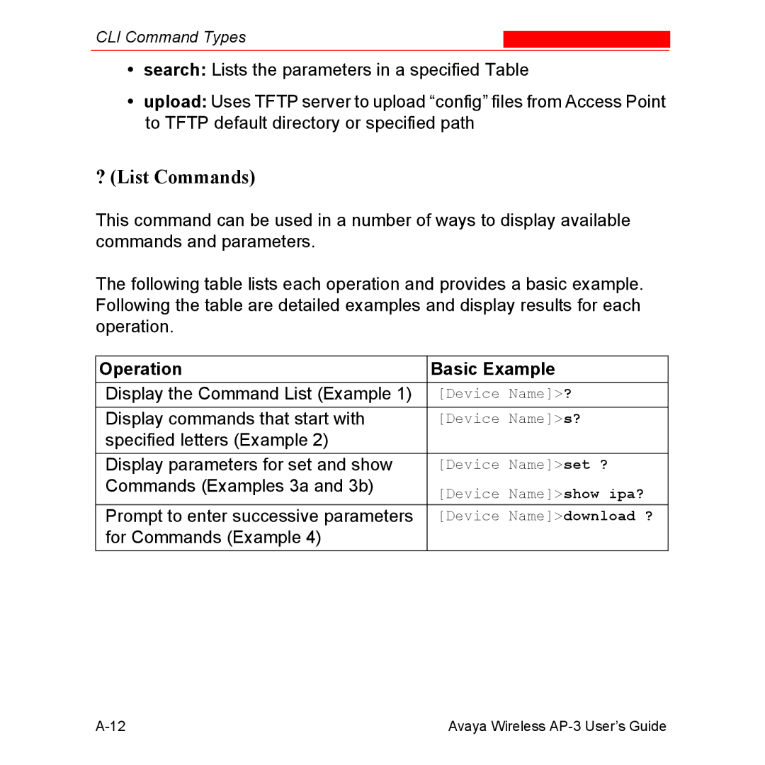 Avaya Wireless AP-3 manual ? List Commands, Operation Basic Example 