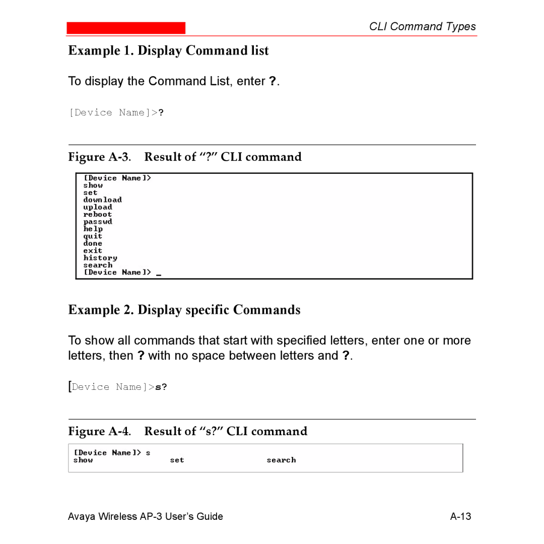 Avaya Wireless AP-3 manual Example 1. Display Command list, Example 2. Display specific Commands 