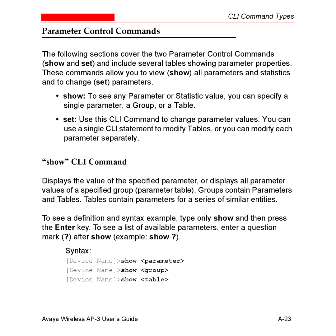 Avaya Wireless AP-3 manual Parameter Control Commands, Show CLI Command 