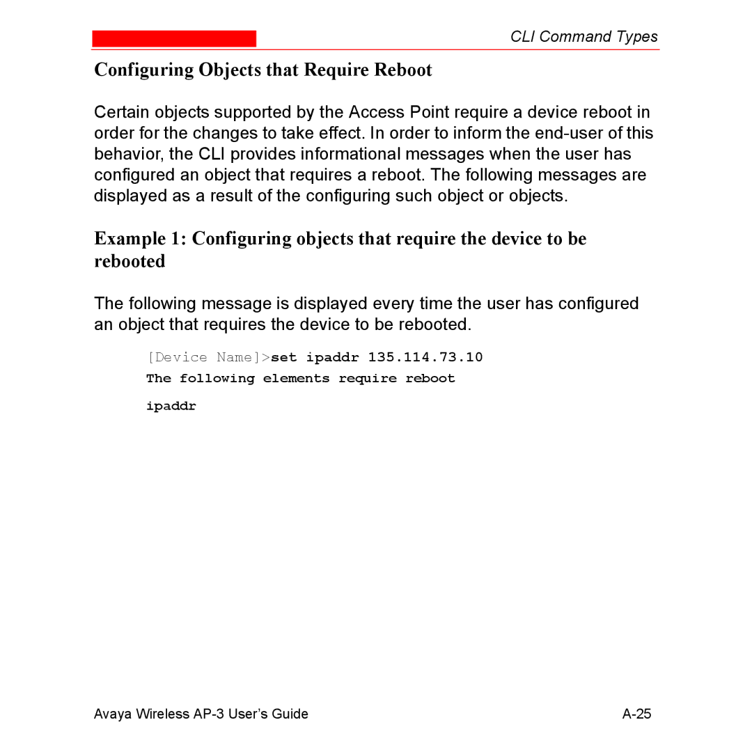 Avaya Wireless AP-3 manual Configuring Objects that Require Reboot 