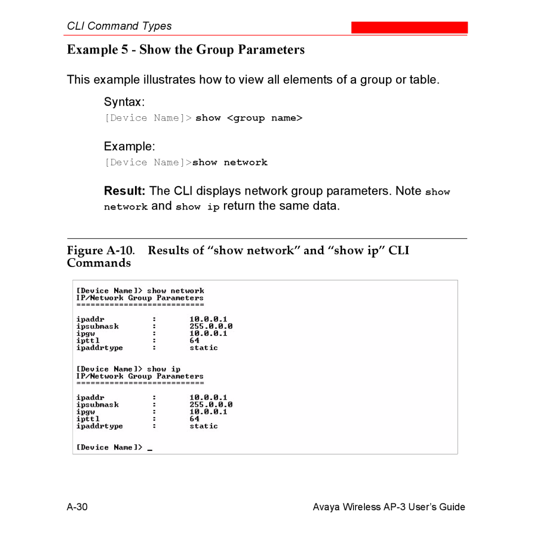 Avaya Wireless AP-3 manual Example 5 Show the Group Parameters 