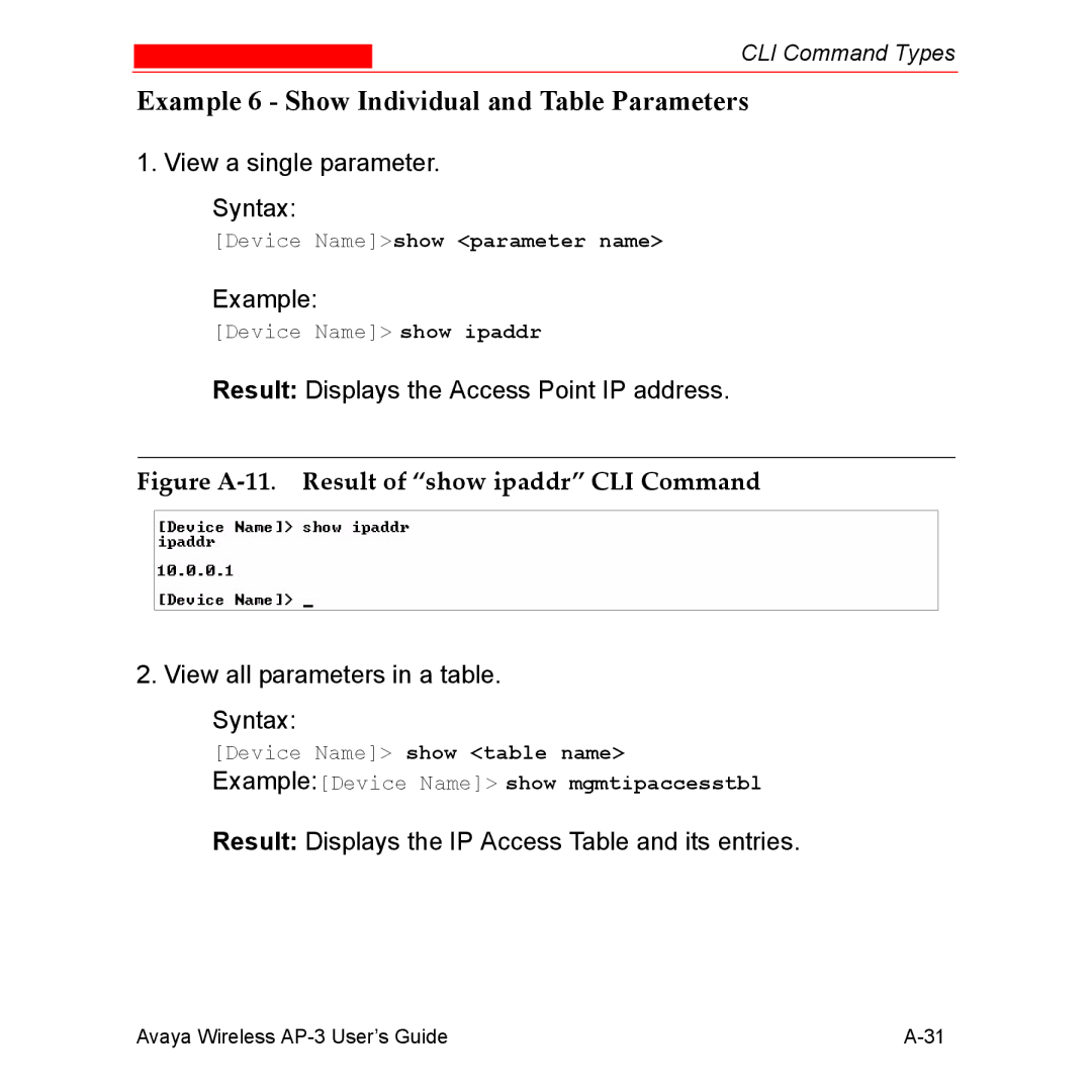 Avaya Wireless AP-3 manual Example 6 Show Individual and Table Parameters, Figure A-11. Result of show ipaddr CLI Command 