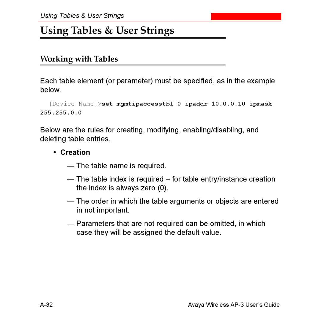 Avaya Wireless AP-3 manual Using Tables & User Strings, Working with Tables, Creation 