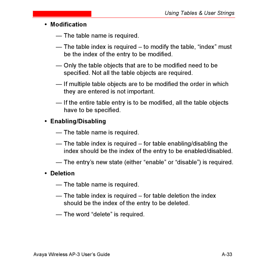 Avaya Wireless AP-3 manual Modification, Enabling/Disabling, Deletion 