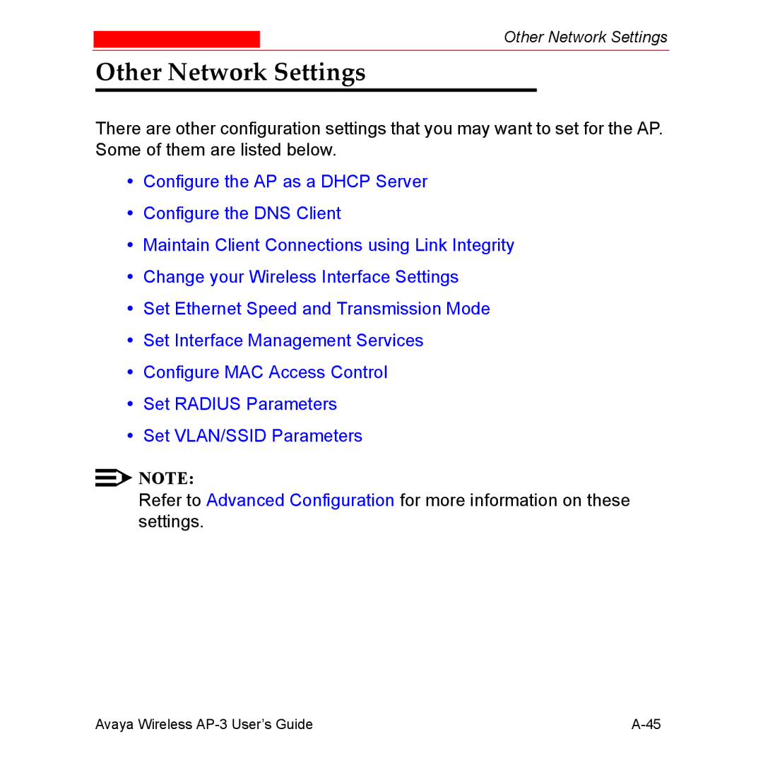 Avaya Wireless AP-3 manual Other Network Settings 