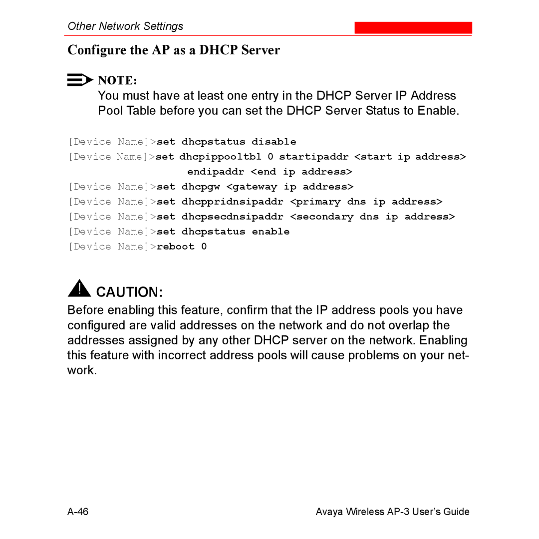 Avaya Wireless AP-3 manual Configure the AP as a Dhcp Server 