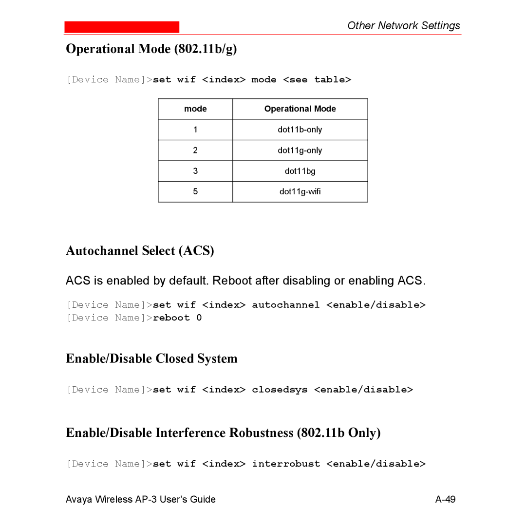 Avaya Wireless AP-3 manual Operational Mode 802.11b/g, Autochannel Select ACS, Enable/Disable Closed System 