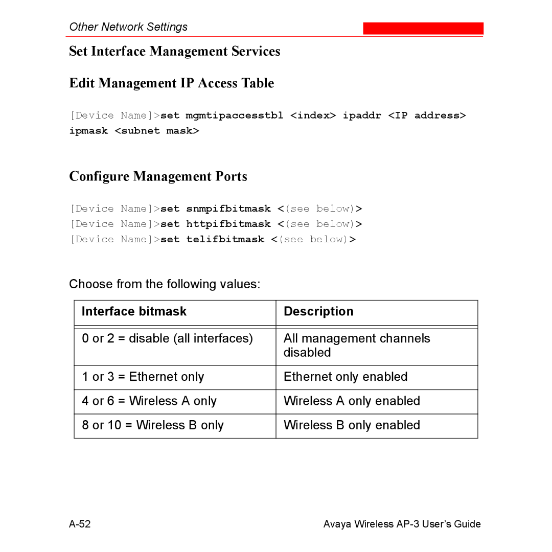 Avaya Wireless AP-3 manual Configure Management Ports, Interface bitmask Description 