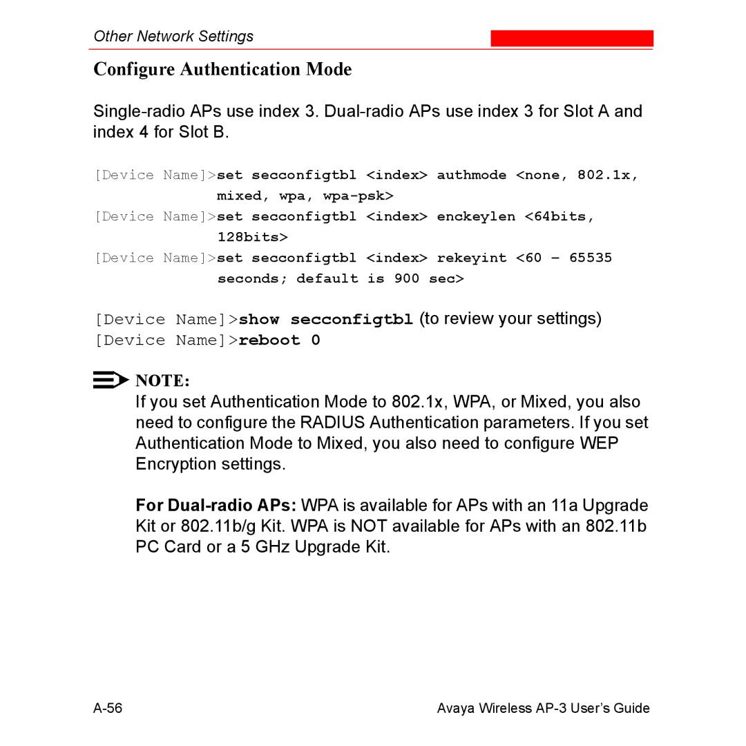 Avaya Wireless AP-3 manual Configure Authentication Mode 