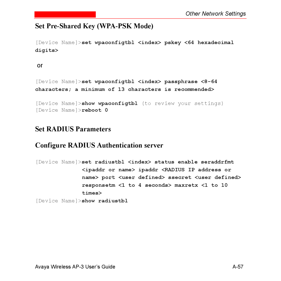 Avaya Wireless AP-3 manual Set Pre-Shared Key WPA-PSK Mode, Set Radius Parameters Configure Radius Authentication server 