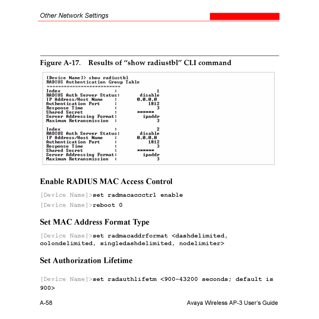 Avaya Wireless AP-3 manual Enable Radius MAC Access Control, Set MAC Address Format Type, Set Authorization Lifetime 