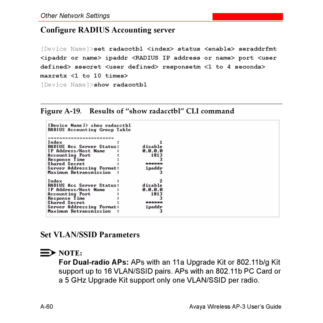 Avaya Wireless AP-3 manual Configure Radius Accounting server, Set VLAN/SSID Parameters 