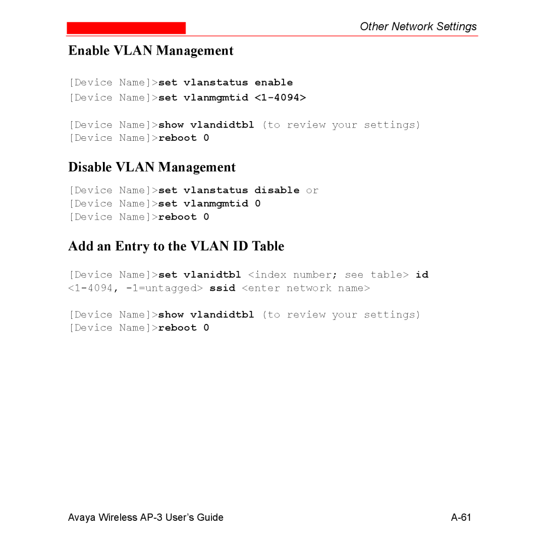 Avaya Wireless AP-3 manual Enable Vlan Management, Add an Entry to the Vlan ID Table 