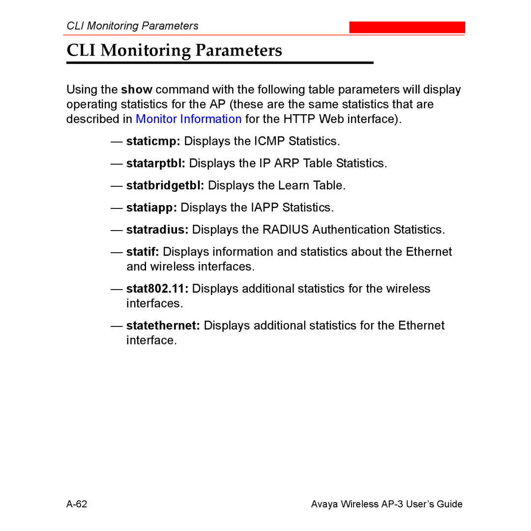 Avaya Wireless AP-3 manual CLI Monitoring Parameters 