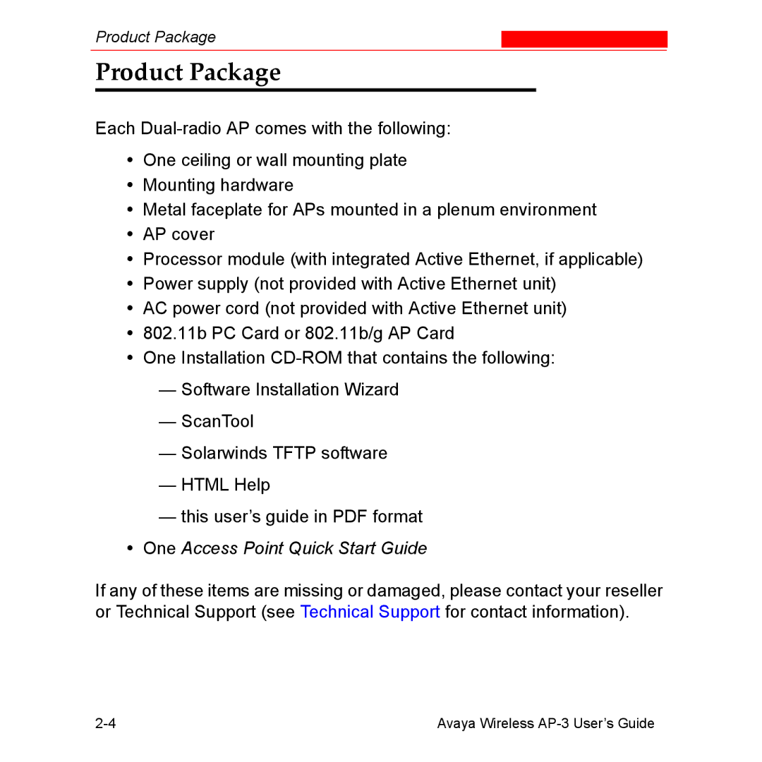 Avaya Wireless AP-3 manual Product Package, One Access Point Quick Start Guide 