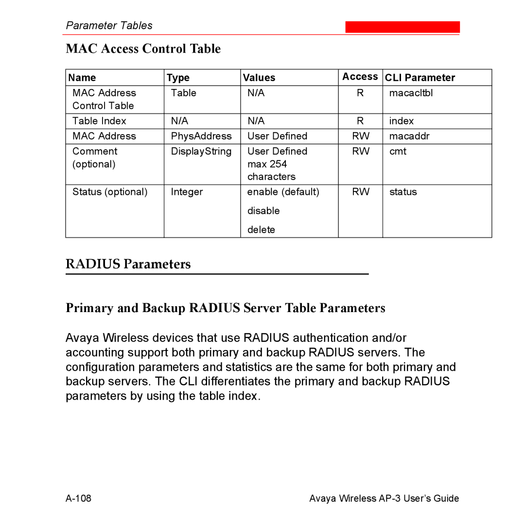 Avaya Wireless AP-3 manual MAC Access Control Table, Radius Parameters, Primary and Backup Radius Server Table Parameters 