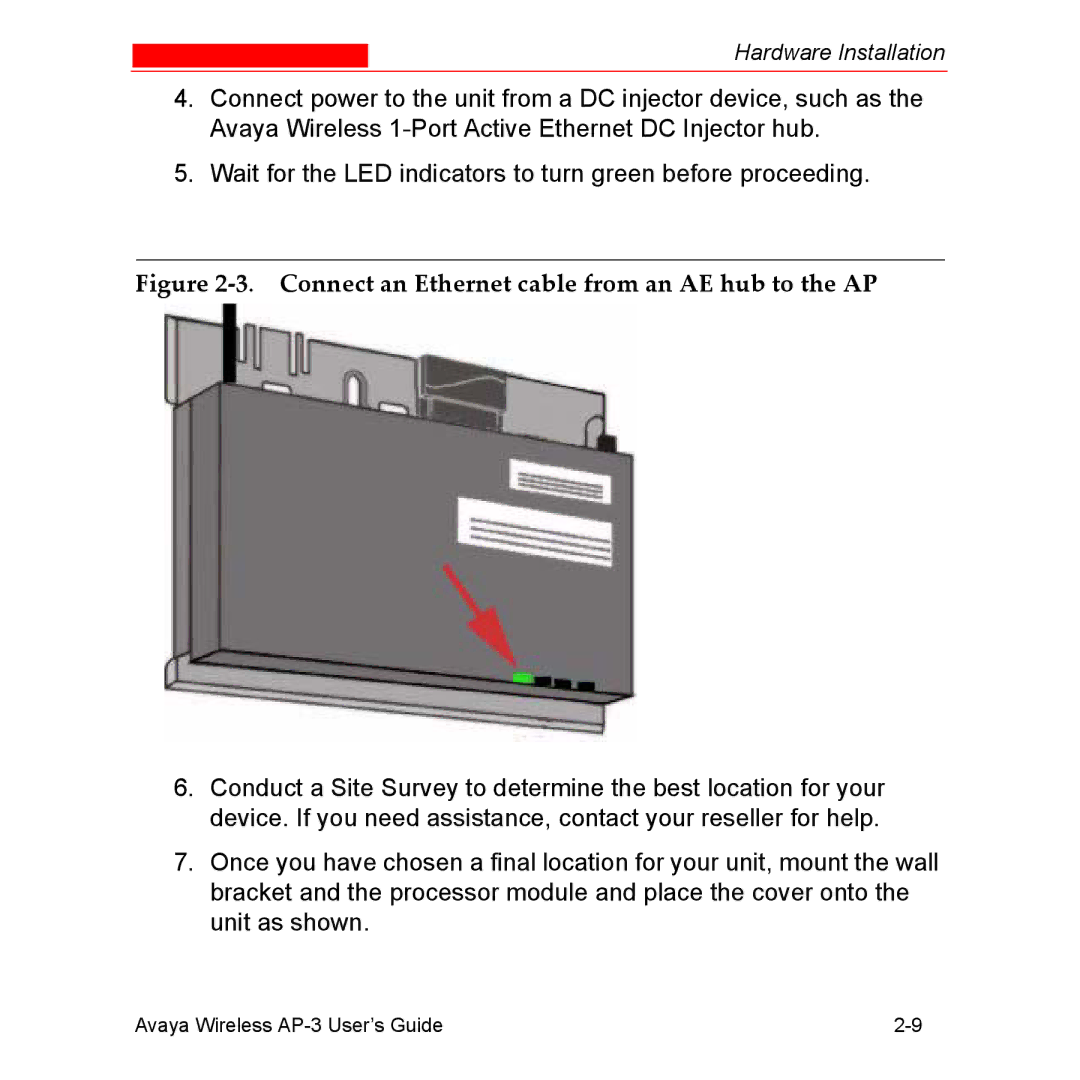 Avaya Wireless AP-3 manual Connect an Ethernet cable from an AE hub to the AP 