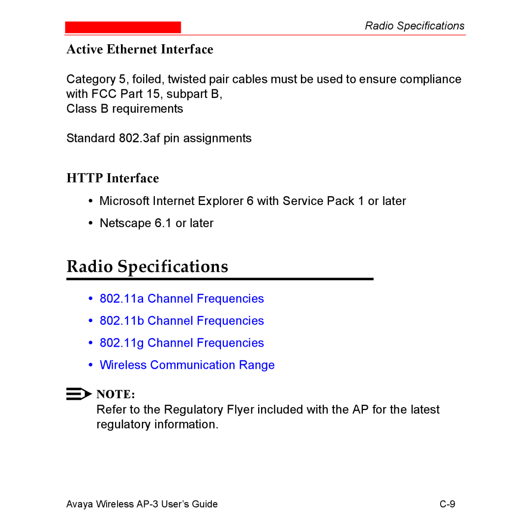 Avaya Wireless AP-3 manual Radio Specifications, Active Ethernet Interface, Http Interface 