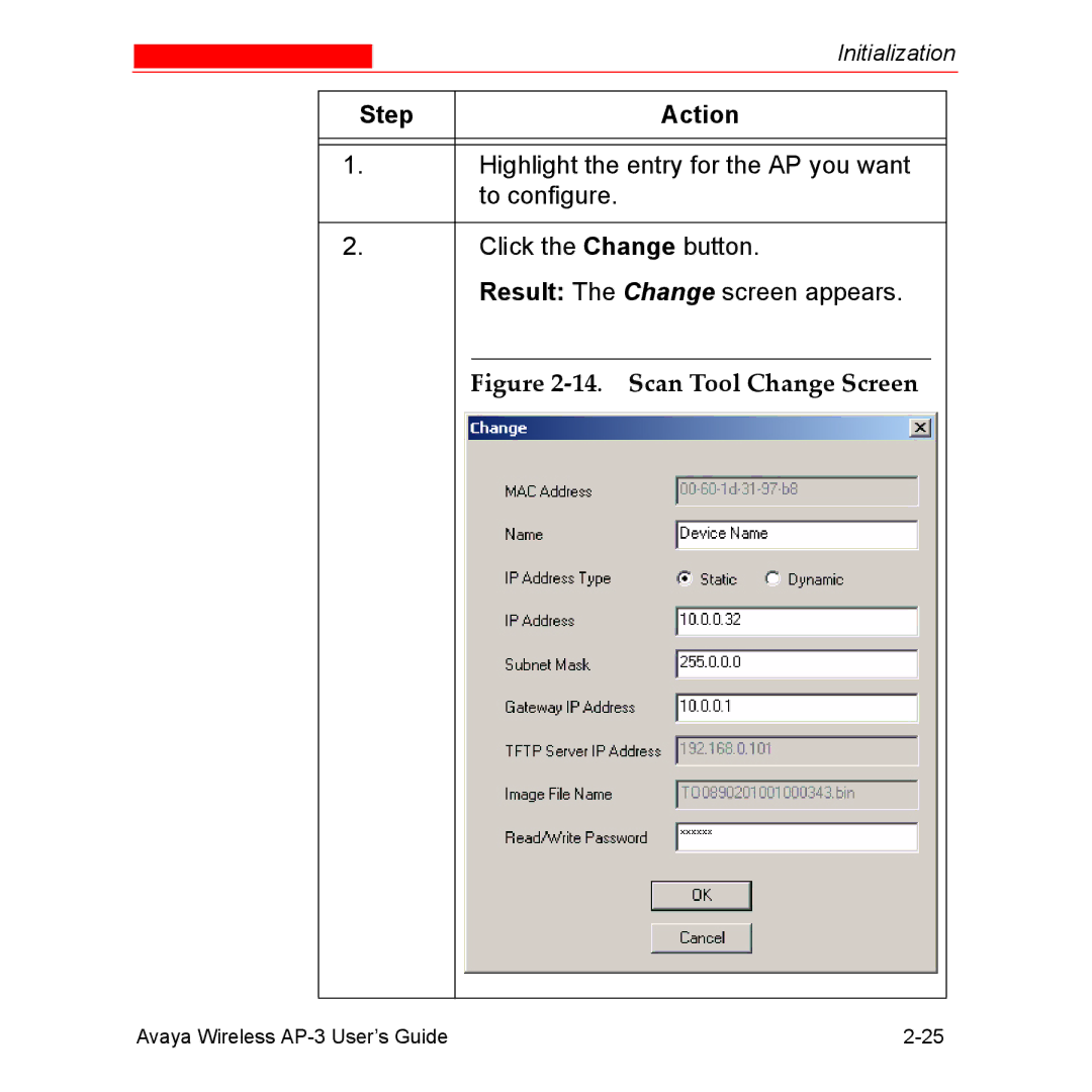 Avaya Wireless AP-3 manual Step Action, Scan Tool Change Screen 