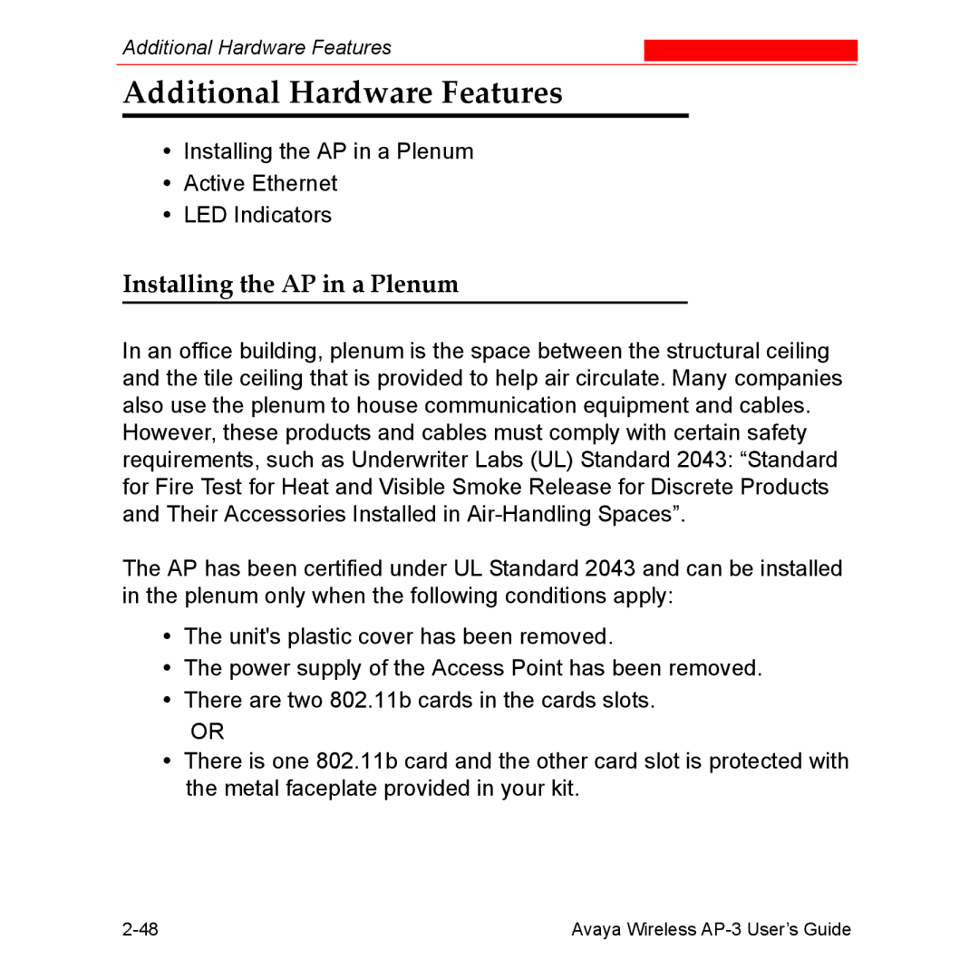 Avaya Wireless AP-3 manual Additional Hardware Features, Installing the AP in a Plenum 